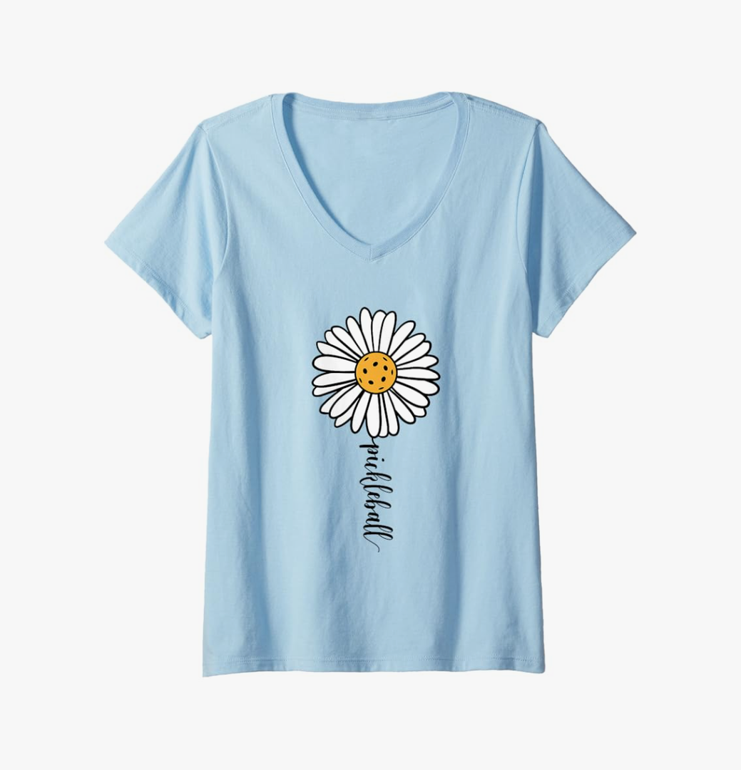 Womens Pickleball Daisy Flower V-Neck T-Shirt, XL