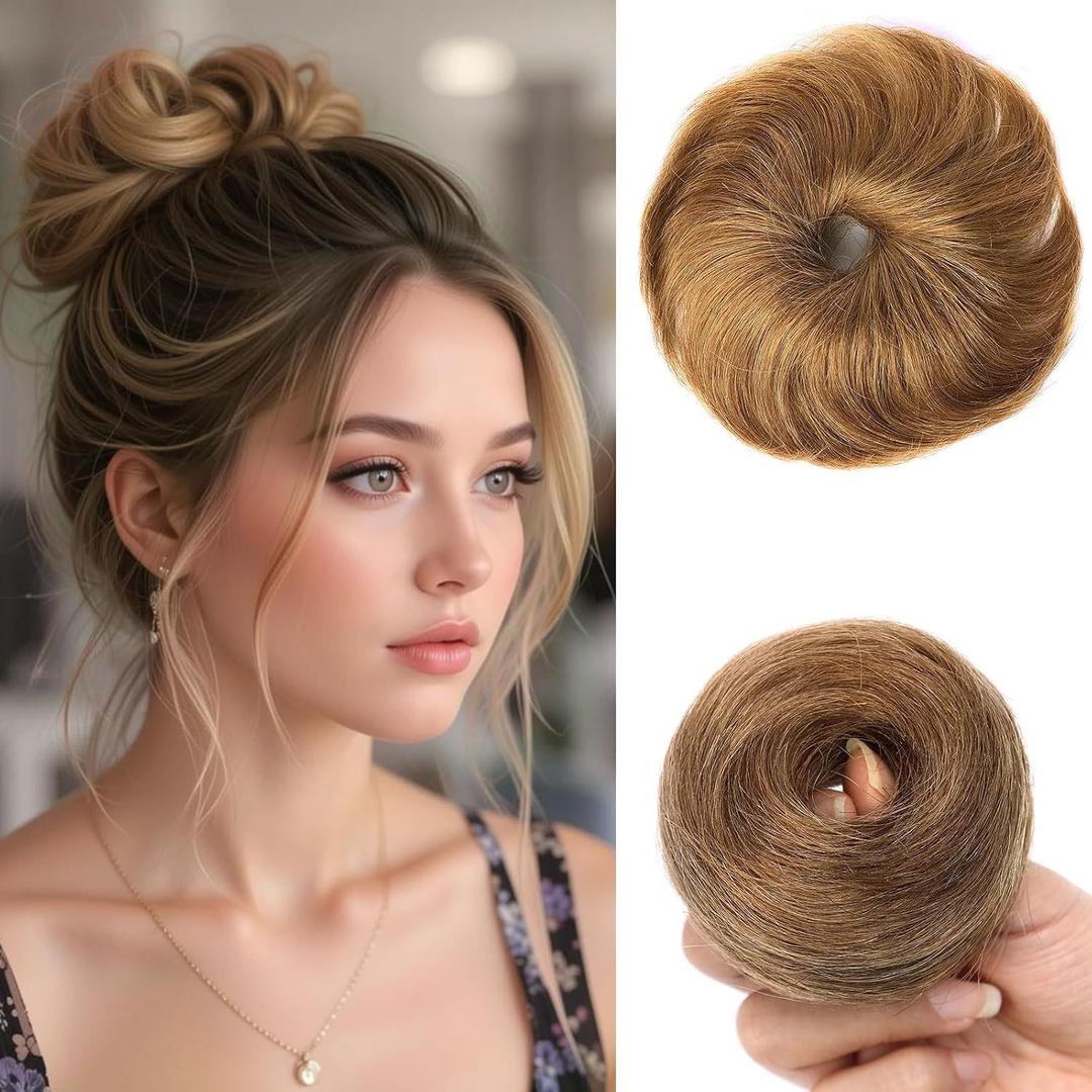 Human Hair Bun Messy Bun Hair Piece Fake Hair Bun Scrunchie,Honey Blonde | 100% real human hair bun with natural texture, creates messy bun updo style for women with easy daily styling.