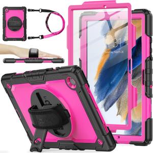 SEYMAC stock Case for Samsung Galaxy Tab A8 10.5'', Full-Body Drop Protection Case with Screen Protector, Pencil Holder [360 Rotating Hand Strap] & Stand, Pink + Black