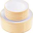 KIRE 100PCS Disposable Plates - White with Gold Rim for Thanksgiving Party/Wedding - Includes 50Pieces 10.25inch Dinner and 50Pieces 7.5inch Dessert/Salad Plates