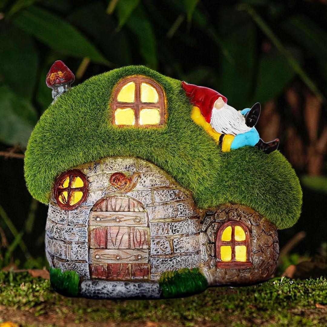 ILLUMINEW House Garden Statues with Solar Lights, LED Cute Flocked Fairy House with Gnomes Garden Figurine, Outdoor Patio Yard Lawn Decorations Gift