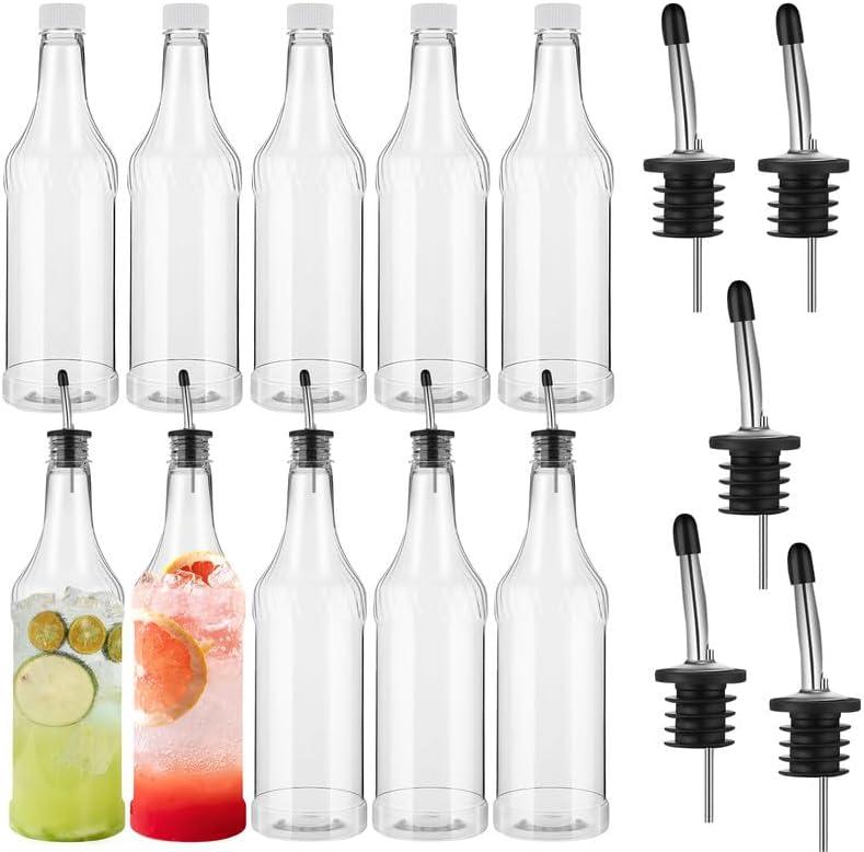 Dandat 20 Pcs 32 oz Plastic Long Neck Bottles with Pourer and Caps Plastic Juice Pour Bottles with Stainless Steel Pourer Tapered Spout for Liquor Juice Store (Sliver)
