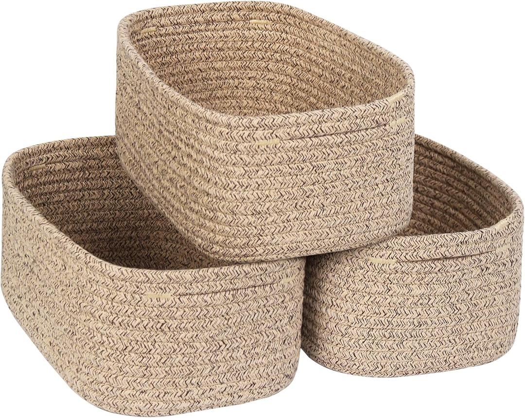 Small Baskets for Organizing, Woven Storage Baskets for Shelves, Cute Cotton Rope Gift Bins Empty, Decorative Closet Organizer Box, Wicker Towel Storage, 13.8"x8.8"x5.5", Brown