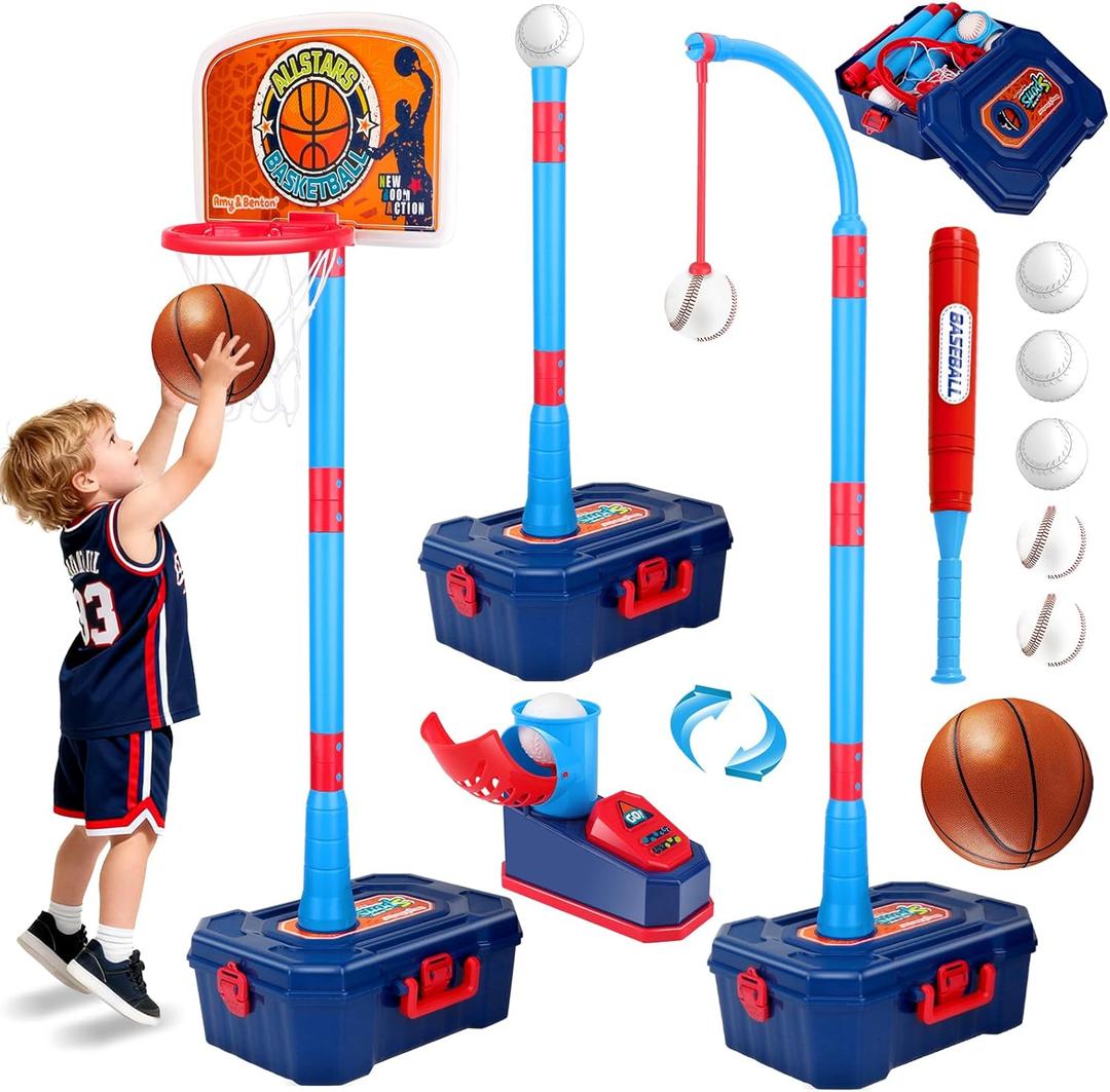 4 in 1 Kids Basketball Hoop and Tball Set for Toddlers 3+, Adjustable Basketball Stand, Hanging Tee Baseball Toy Set, Portable Indoor Outdoor Sports Toys, Birthday for Boys Ages 3-8