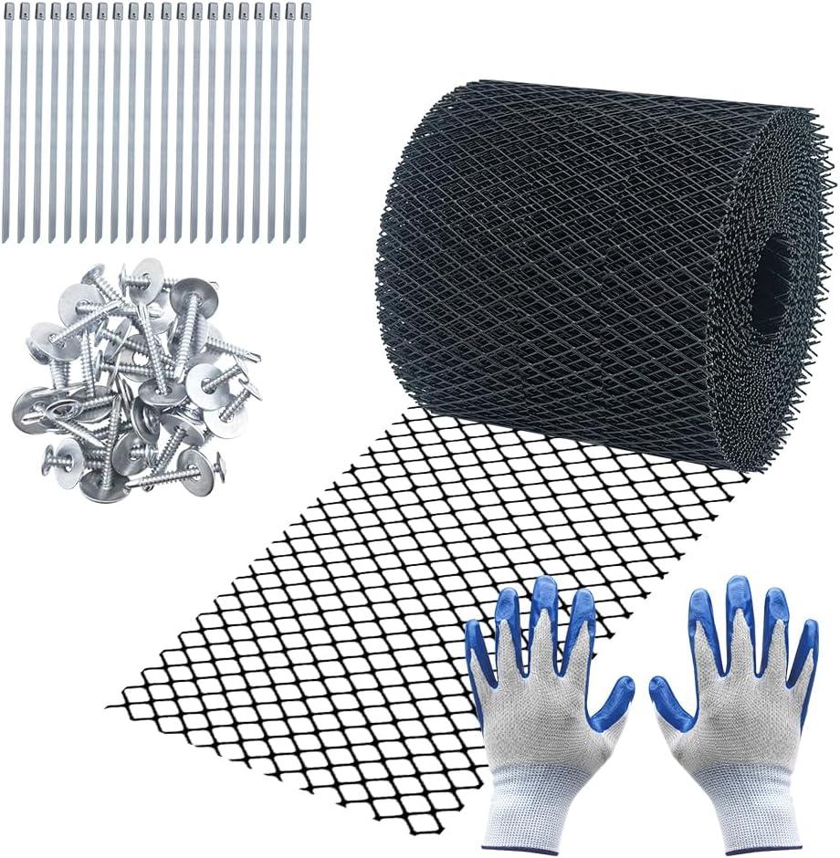 Gutter Guard 5 Inch x 50 Feet Roll,Leaf Guards for Gutters,Gutter Covers with 20 Fixed Cable Ties,20 Screws and Anti Scratch Gloves,Gutter Guards Mesh for Leaves,Twigs,Branches (Black 5 Inchx50 Ft)