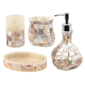 Milano Bathroom Accessories Set  4 Piece Bathroom Accessory Set with Natural Mother of Pearl Shells  Decorative Bathroom Set Includes: Soap Dispenser, Toothbrush Holder, Tumbler and Soap Dish