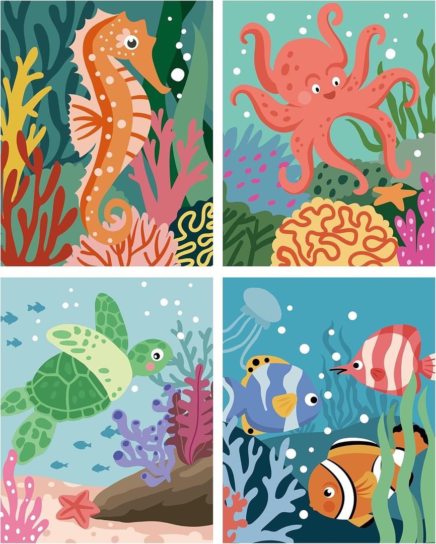 4 Pack Large Paint by Numbers Kit for Adults Beginner 16x20in, Cute Ocean Sea Animals Paint by Number for Kids, Easy Acrylic Painting by Numbers Canvas Without Frame