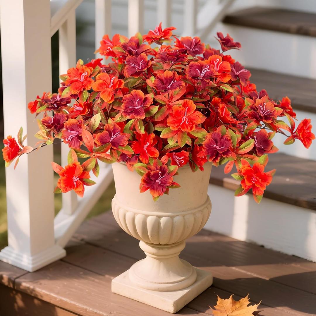 Fall Flowers Artificial for Decoration, Fake Silk Rhododendron Flowers for Outdoors, 2 Bundles Faux Azalea Outside UV Resistant No Fade Floral for Home Garden Balcony Walkway Wedding Party Decor (Orange Red)