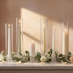 Hurricane Glass Candle Holders - Set of 20 Candlestick Holders for Taper Candles, Clear Candle Holder Bulk with 12” Tall Windproof Cylinder Cover for Festival Wedding Table Centerpiece Party Decor