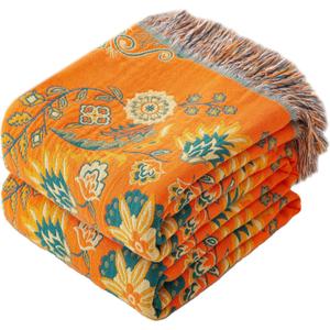 Boho Throw Blanket Twin Size, Soft Cozy Cotton Muslin Quilt Blanket for Bed Decor, Floral Patterned Couch Sofa Chair Cover, Vintage Farmhouse Cottage Tapestry Woven Blanket, Orange&Green (60" x 80", Blooming Words)