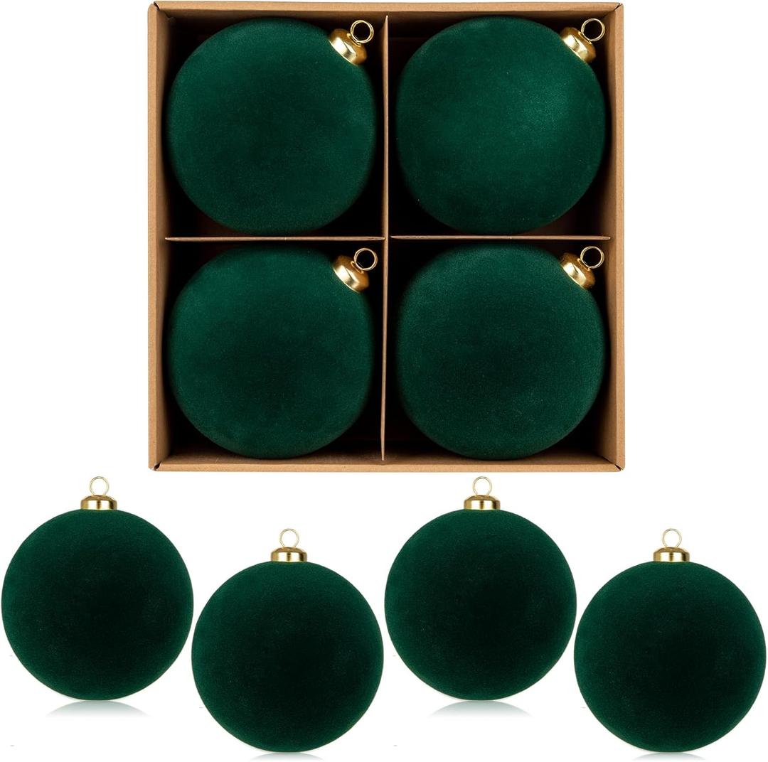 Hollyone 4.72" Green Large Christmas Velvet Ball Ornaments 4Pcs Shatterproof Christmas Tree Ornaments Set Hanging Xmas Balls Decor for Wedding Holiday Wreath Home Decor