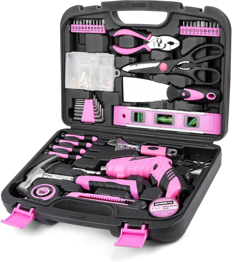 URASISTO Pink Household Tool Set with 3.6V USB Electric Screwdriver, 136 PCS Home Tool Kit with Cordless Lithium-ion Drill Driver, Hand Tool Kits for Women