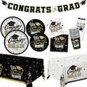 Graduation Decorations 2026 Black and Gold Grad Party Supplies with Disposable Plates, Napkins, Tablecloth, Cups and Congrats Grad Banner for 24 Guests - Graduation Party Decorations