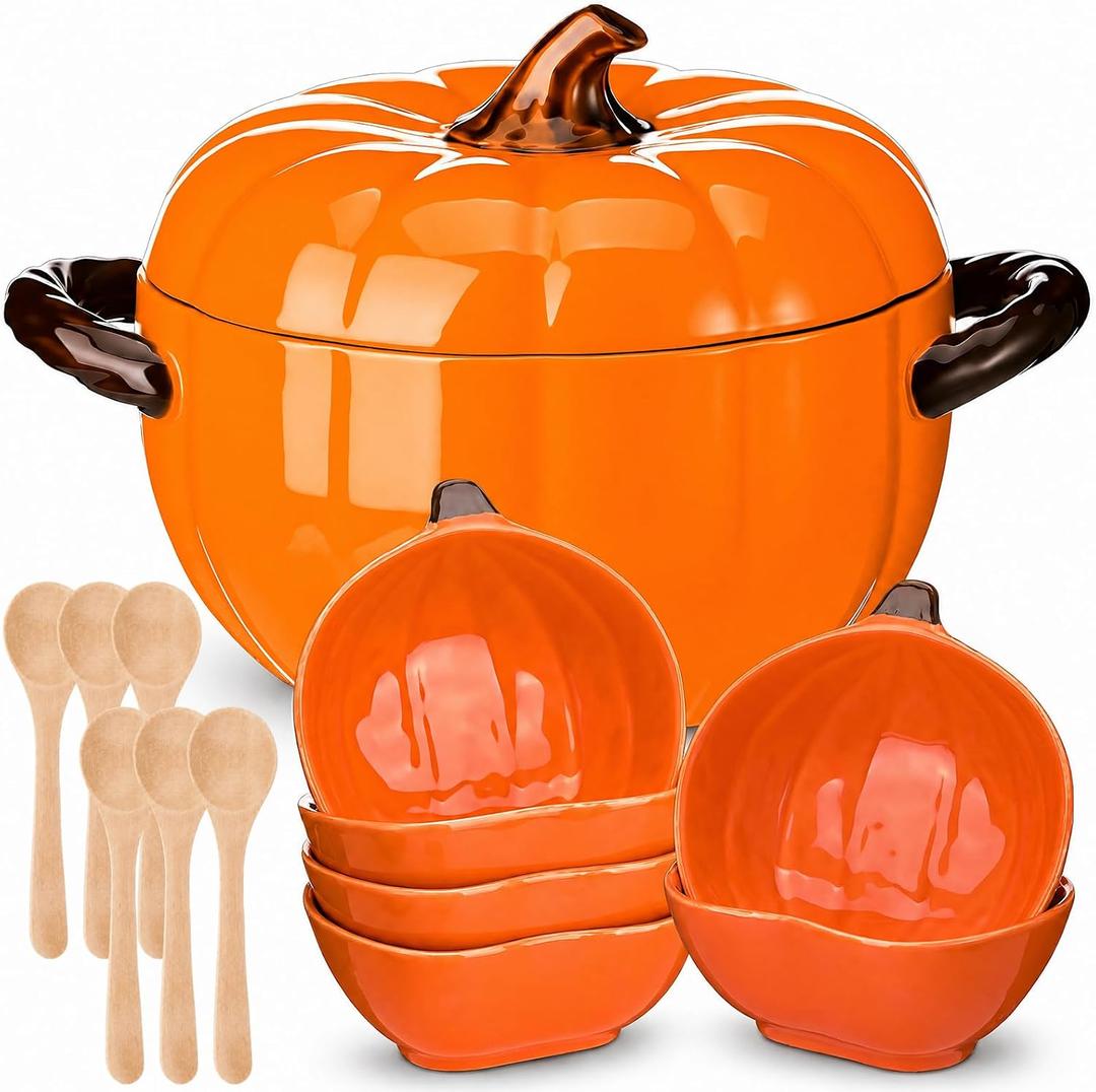 Qinyoung Pumpkin Ceramic Pot with Lid & 6 Set Fall Ramekins and Wood Spoons, soup pot about 54 oz, bowl about 6 oz