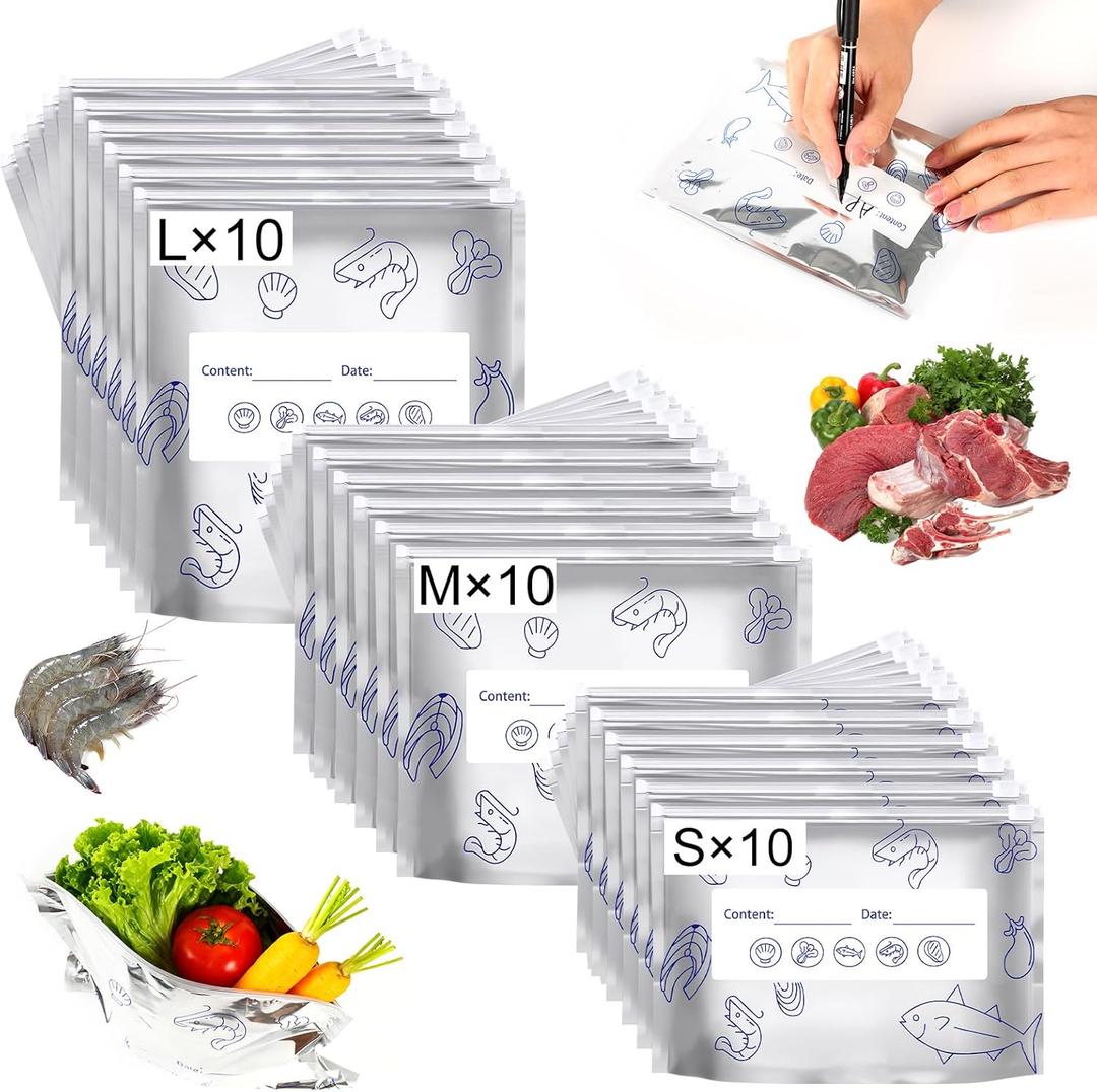 Reusable Aluminum Foil Sealable Storage Bags,2026 New Resealable Vacuum Zipper Pouches for Food,Thicken Foil Sealable Bags with Label and Zip Lock(30PCS, 3 Size)