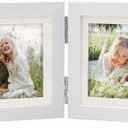 Hinged Double 5x7 Picture Frame, Tempered Glass, for Tabletop Display or Wall Mounted, Fits 4x6 Photos with Mat, Matte White, For Family Photos & Wedding Memories-B75X2