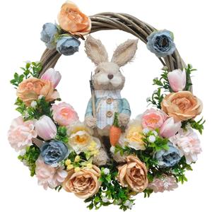 16 Inch Spring Easter Wreath with Artificial Easter Bunny. Rabbit Wreath for Front Door Farmhouse Bunny Decorations with Silk Tulips Roses Grapevine for Home Door Garden Party Decorations