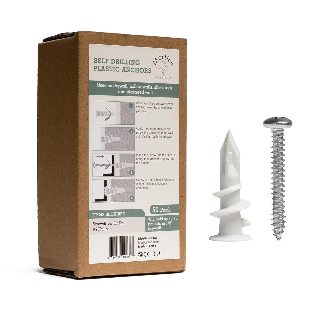 3 x Mortice & Tenon Plastic Drywall Anchors with Screws  50 Pack Self-Drilling Dry Wall Anchors, No Pre-Drill Needed | 75 lb Hold, #8 x 1.25 Anchor Screws, Wall Anchors for Drywall Kit