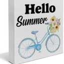 Summer Decor, Hello Summer Decorations Floral and Bicycle Decorations Wooden Sign Summer Home Decor Indoor for Desk Table Shelf 5 X 5 Inches