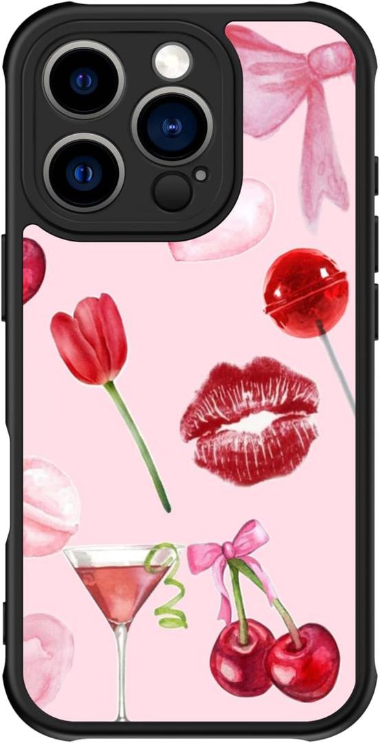 FUNMIKO for iPhone 16 Pro Max Case Wireless Charging & Military-Grade Protection - Trendy Floral Design for Women Girls, Matte Non-Slip Phone Cover with Shockproof Corners - Romantic Red Elements