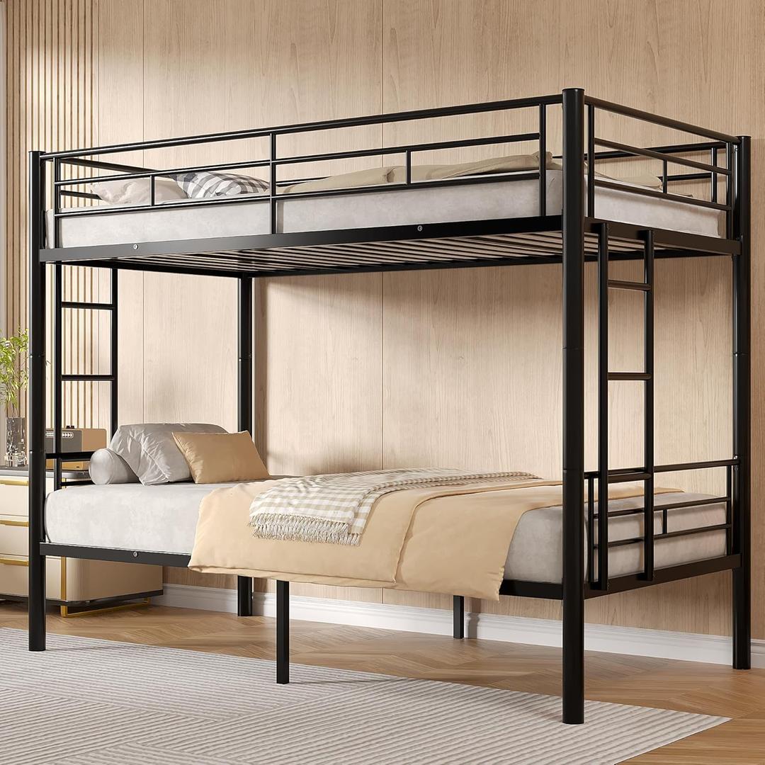 VECELO Bunk Bed Twin Over Twin, Metal Bunkbed Frame with Ladder and Guardrail, Space Saving, No Box Spring Needed, Classic Black