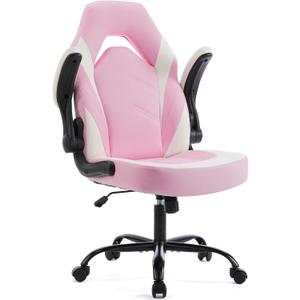 Sweetcrispy Computer Gaming Desk Chair - Ergonomic Lumbar Support Executive with PU Leather and Flip-up Armrest, Height Adjustable with 360 Swivel Wheels, Pink White, for Home and Office