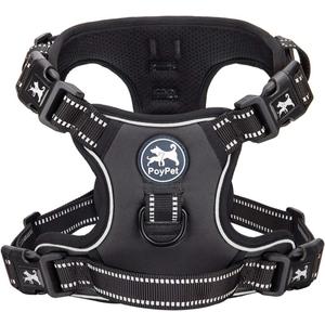 PoyPet 2019 Upgraded No Pull Dog Harness with 4 Snap Buckles, 3M Reflective with Front & Back 2 Leash Hooks and an Easy Control Handle for Small Medium Large Dogs[NO NEED Go Over Dogs Head] (Black,M)