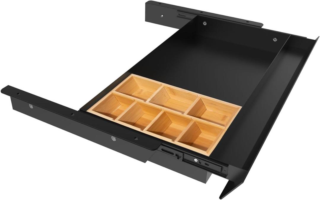 Large Under Desk Mounted Sliding Drawer with Bamboo Tray and 60 Degree Tilt Panel to Pull Out, 22'' Long & 13'' deep Large Storage Organizer for Sit Stand Workstation