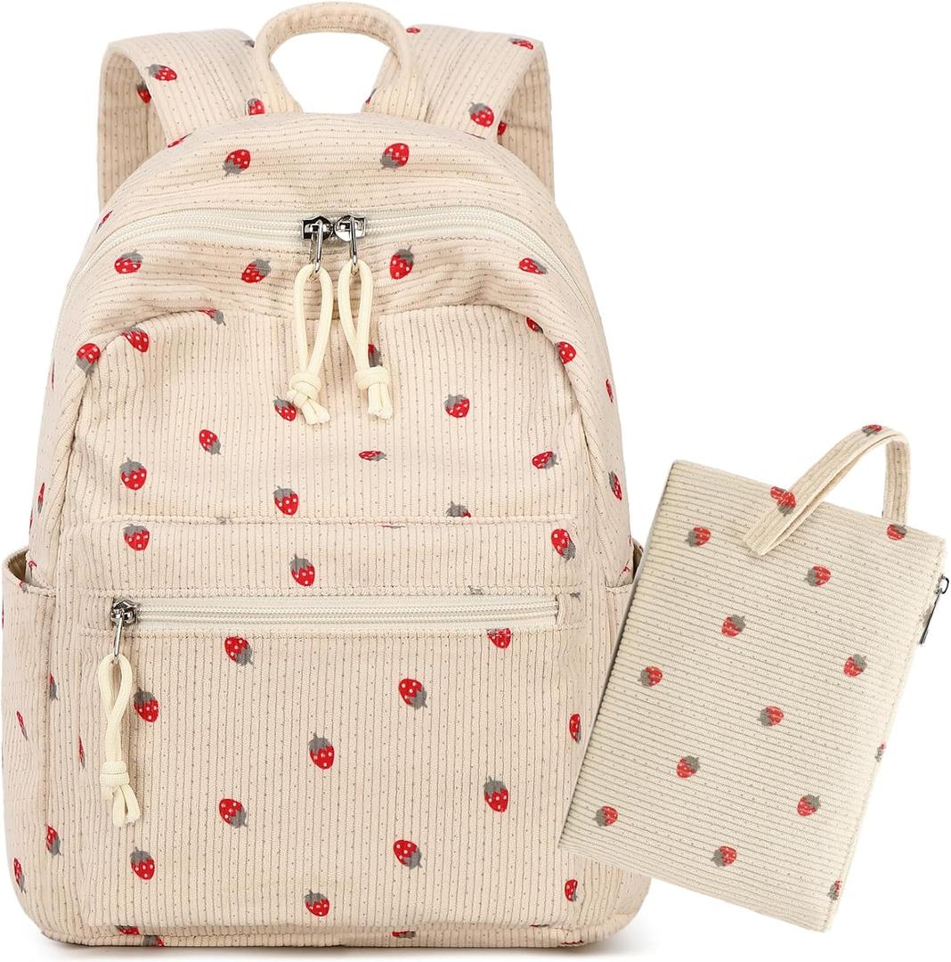 LEDAOU Mini Backpack Set Fashion Bookbags with Purse Wallet Cute Backpack Set for Women Teens School Travel Bag (Corduroy Strawberry)