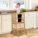 COSYLAND Toddler Standing Tower - Adjustable Height Toddler Kitchen Stool Helper - Kids Kitchen Step Stool for Learning with Removable Safety Railing Natural