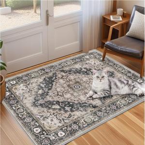 2'x3' Area Rug, Washable Door Mat Vintage Doormat,Boho Rugs Indoor Entrance Traditional Thin Floral Print Non Slip Carpet for Kitchen Bathroom Bedroom Living Room(Black-Purple Khaki)