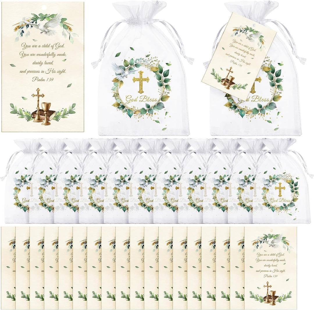 Blulu 50 Sets Baptism Party Gift, Greenery God Bless Drawstring Bags with First Communion Tags Religious Baby Shower Organza Bags for Boy Girl Baptism Birthday Christenings Party Supplies Decor(Cross)