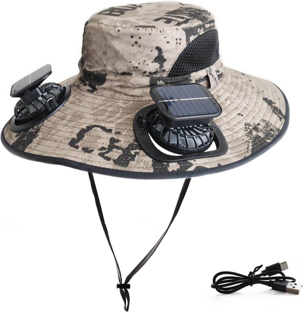 Outdoor Wide Brim Sun Hat with 2 Solar Fan Sun Bucket Hat for Men Women UPF 50+ Bucket Fishing & Beach Hat with Fan Built in
, Khaki