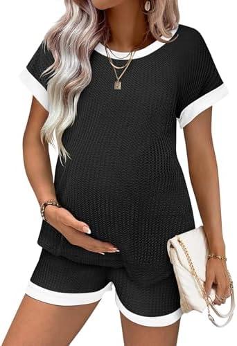 Ekouaer Women's Waffle Knit Maternity Pajamas 2 Piece Outfits Short Sleeve Tops and Shorts Loungewear Set Pregnancy Clothes, Medium
