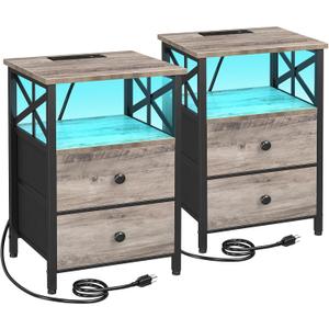 AMHANCIBLE Night Stand Set 2, LED Nightstand with Charging Station, End Tables Living Room with Fabric Drawers, Bedside Table for Bedroom, Greige, HET052LGY