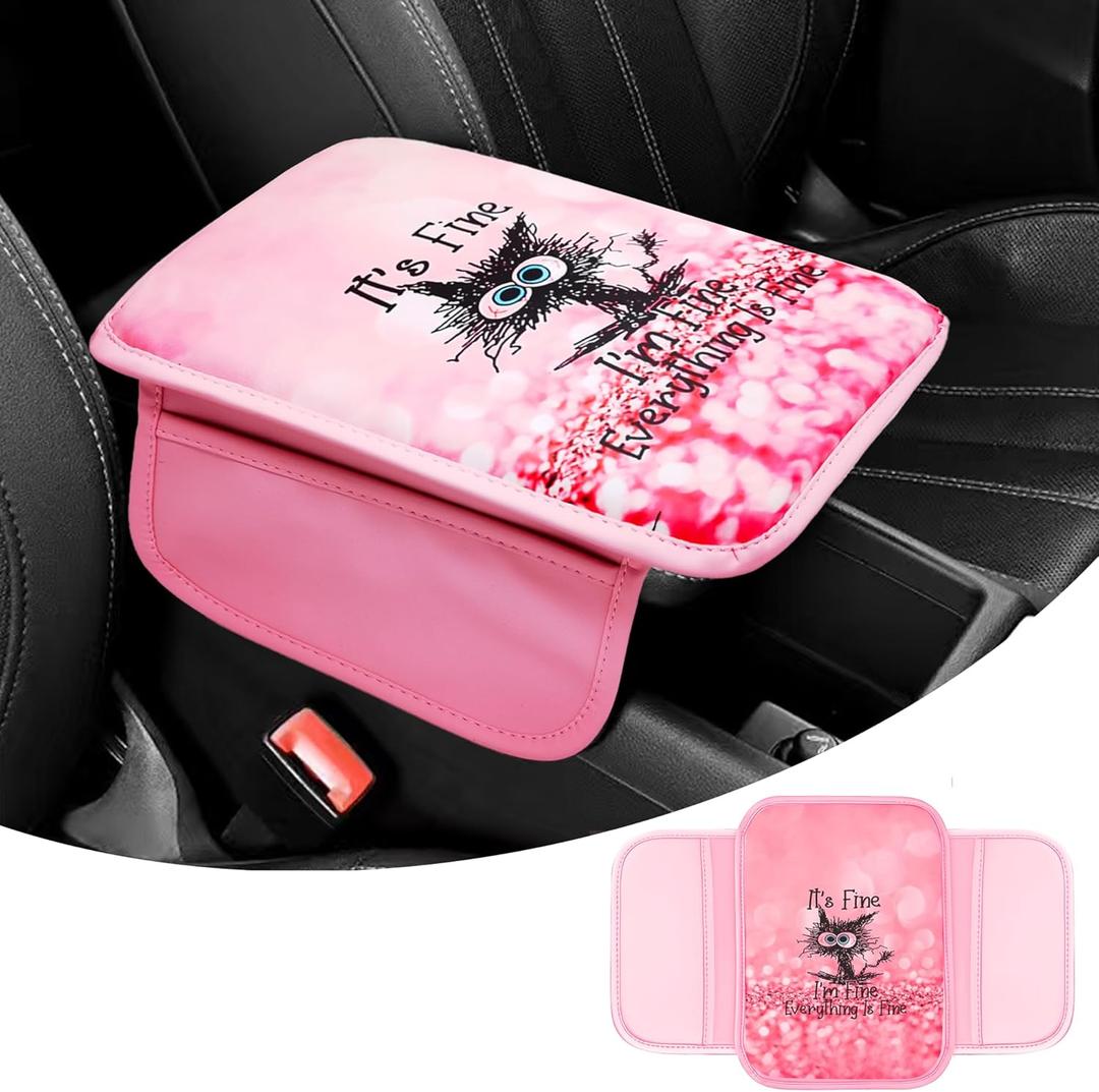 2 x Upgraded Universal Car Center Console Cover, Microfiber Leather Armrest Cover with Storage Bags, Car Armrest Cushion, Comfortable and Durable Interior Accessory for Most Vehicles, Black Cat