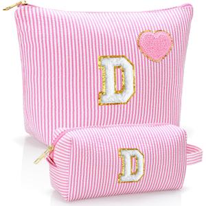 Initial Makeup Bag Personalized Preppy Cosmetic Bag Trendy Toiletry Travel Bag For Teen Girls Kids Women Letter Makeup Pouch Purse Holiday Gifts Birthday Gifts 2pack (D, Pink)