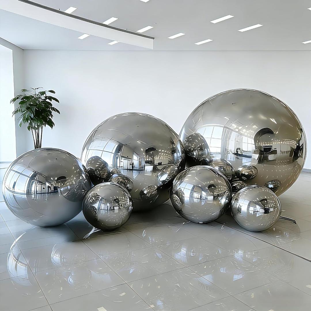 Silver Inflatable Mirror Ball with Pump, Reusable Large Event Decoration Inflatable Balls, PVC Disco Ball, Bubble Balloon for Party, Concerts, Stage, Wedding Shows (6 Pcs)