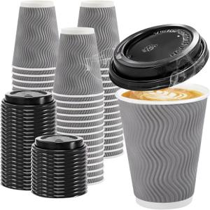 Lamosi 100 Pack 12 oz Disposable Coffee Cups with Lids, Insulated Ripple Wall To-Go Paper Coffee Cups Suitable for Chocolate Cocoa and Hot/Cold Drinks (Grey)