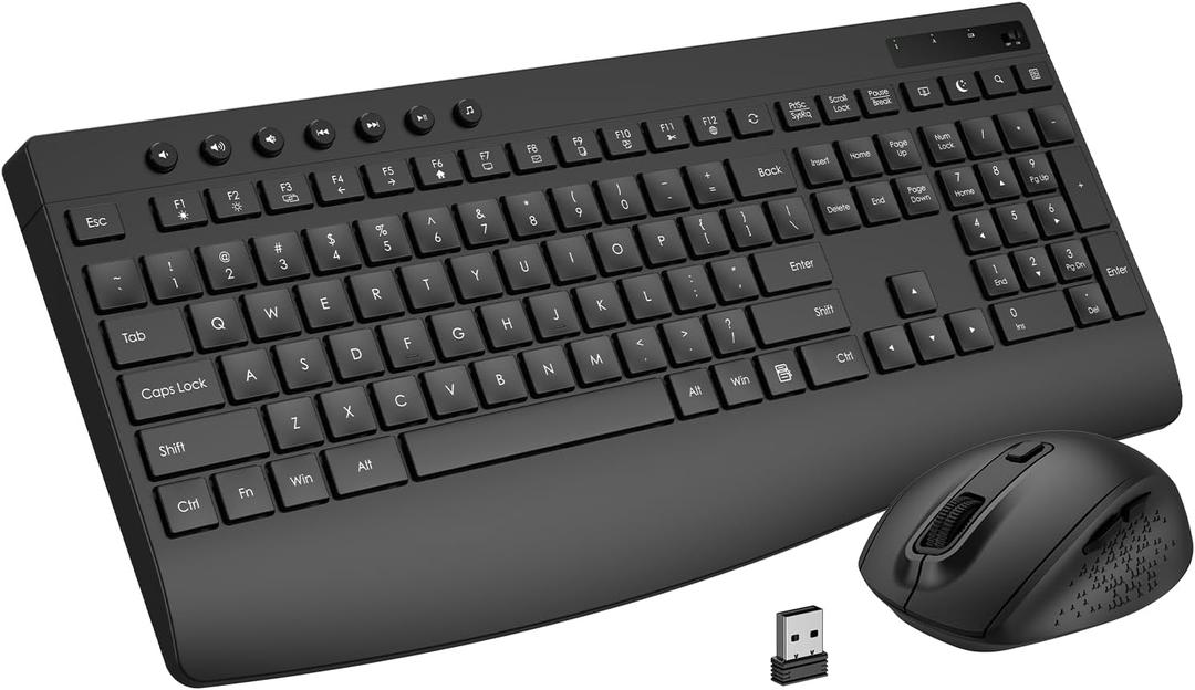 Wireless Keyboard and Mouse Combo, Full-Size Ergonomic Computer Set with Palm Rest, Lag-Free 2.4G USB Cordless Quiet Typing, Silent Click, Auto-Sleep for PC, Mac, Laptop, Windows (Black)