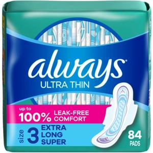 Always Ultra Thin Pads with Wings, Size 3, Extra Long Super, 84 Count (3 Packs of 28)