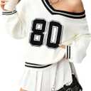 FASHGL Women Y2K Sweater Oversized Streetwear Sweaters Long Sleeve V Neck Pullover Jumper Knit Top Cute Number Graphic Top (White, M)