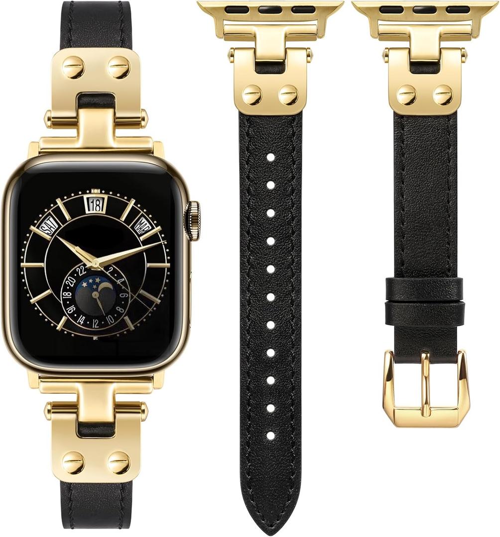Minyee Slim Leather Band Compatible with Apple Watch Bands 38/ 40/ 41/ 42mm Women, Dressy Thin Soft Leather Strap with Designer Tapered Metal Buckle for iWatch Series 10/ 9/ SE/ 8/ 7/ 6/ 5/ 4/ 3/ 2/ 1, Black/ Gold