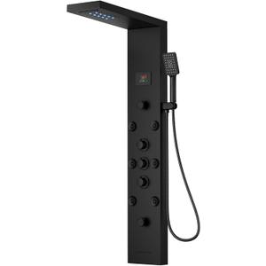 Black Shower Panel Tower System Stainless Steel LED Rainfall Waterfall Shower Head 5-Function Faucet Rain Massage System Wall Mount with 8 Body Jets, Handheld, and Tub Spout