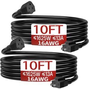16/3 Short Extension Cord 10 FT 2 Pack, Black Extension Cord Flexible & Durable, Indoor 3 Prong Power Cable, Suitable for Home and Office, 13 Amp 1625 Watt 125VAC 16AWG, ETL Listed