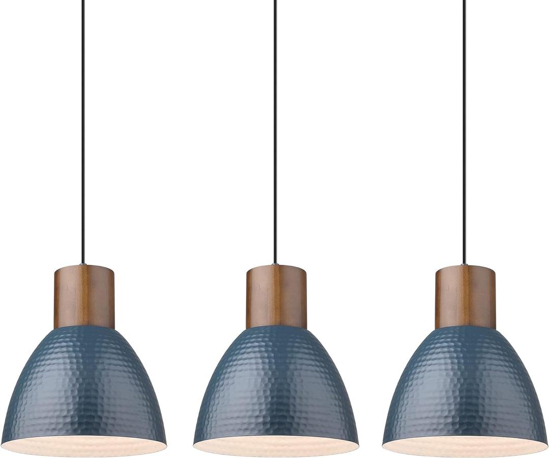 ELYONA 3 Pack Hammered Pendant Lights 7 Small Metal Solid Wood Hanging Light Fixtures Adjustable Height Industrial Pendant Lighting for Kitchen Island Dining Room Bedroom Bar Office, Modern Blue
