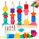Montessori Wooden Threading Beads Set for Toddlers 3 4 5, Bead Sequencing & Stacking Toy with Pattern Cards, Lacing Beads, Shape Matching Stacker, Fine Motor STEM Learning Gift
