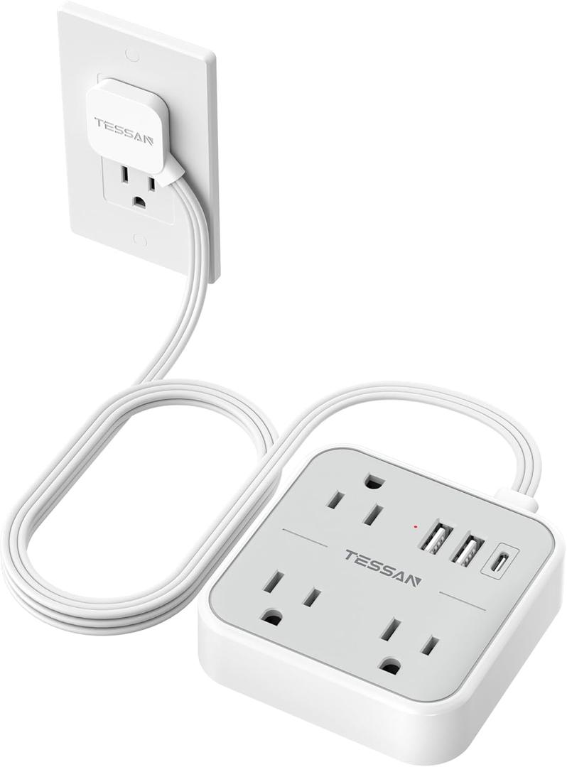 TESSAN Ultra Thin Flat Extension Cord 5 FT, Slim Power Strip with USB Ports (1 USB C), Surge Protector Flat Plug Wall Charger with 3 Outlets for Office, School, Dorm Room Essentials
