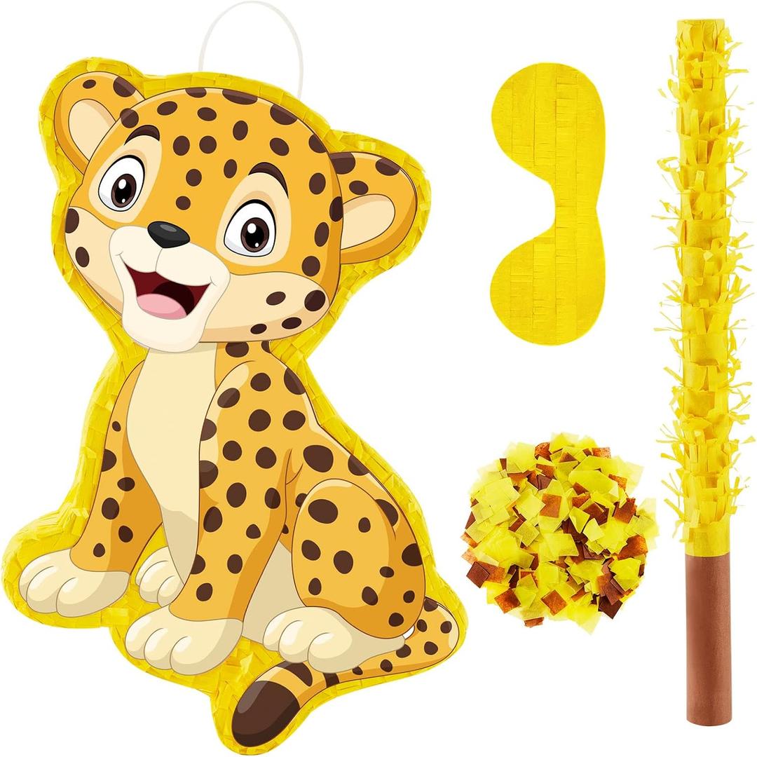 Leopard Piatas for Safari Birthday Party Cheetah Piata with Stick, Blindfold, Confetti for Adults Birthday Baby Shower Party Supplies