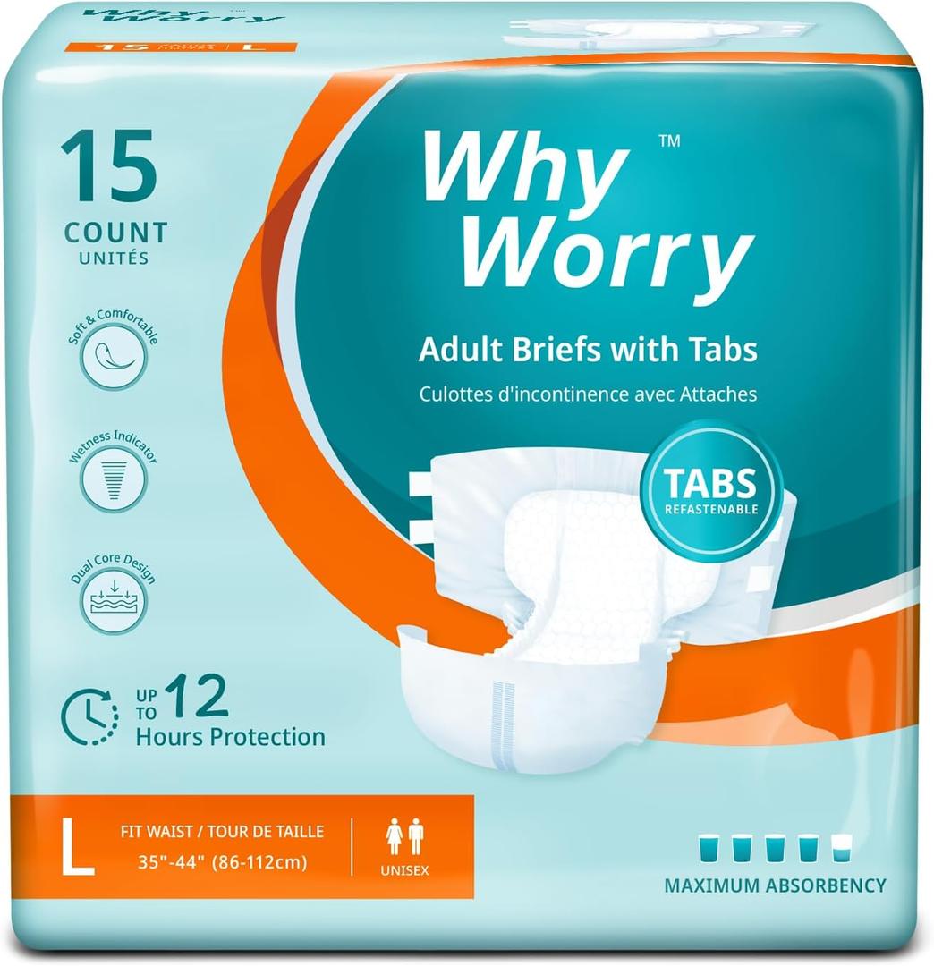 WhyWorry Adult Diapers with Tabs, Disposable Incontinence Briefs for Women & Men with Maximum Absorbency, Adult Briefs for Incontinence Overnight, Odor Control, Unisex, Large, 15 Count